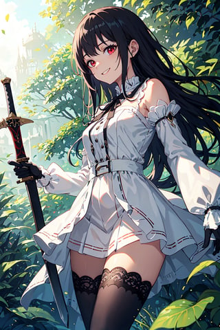 4k, high quality, masterpiece, beautiflu girl, (princess knight)++, black hair, red eyes, long sleeves, (holding western sword)++, rainny background, fantasy, impish grin, dutch angle, outside, nature, leaves in wind, white gloves, outdoors, not expression, wind+, thighhighs under boots, lace trim, ero, dress with slit, long hair, cool beauty, night background ,masterpiece