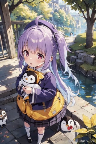 masterpiece,illustration,ray tracing,finely detailed,best detailed,Clear picture,intricate details,highlight,
anime,
gothic architecture,
looking at viewer,

nature,gothic architecture,bird,the lakeside in the heart of the forest,the staircase of the balcony,

NikkeRei,
1girl,loli,baby,long hair,hat,purple hair,
yellow bow,yellow bag,skirt, cowboy shot,
NikkePenguin,Penguin,A penguin sleeping in its owner's arms,
from above,
sitting,