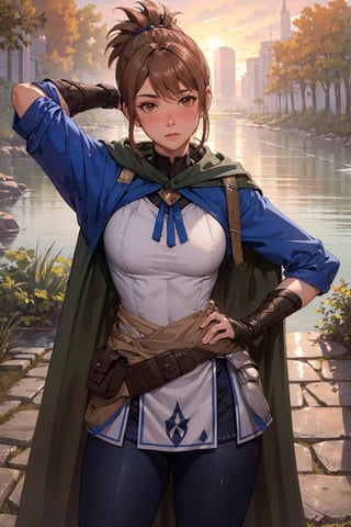 (masterpiece, best quality, ultra-detailed, 8K),High detailed, blush,slim waist,thic hips,abs,pink lips,
dotamarci,marci,
bangs,brown hair,(brown eyes:1.5) ponytail,short ponytail, belt, cape, armor, cloak, pouch, brown belt, belt pouch, looking at viewer,outdoors,
hand behind head,