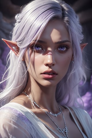 (Beauty photography:1.3), (purple - colored eyes:1.3), detailed skin texture, textured skin, visible skin detail, radiant skin, grey skin, juicy lips, Long Eyelashes, 1 photograph, detailed lips, portrait, 1 female, (white hair), purple eyes, high priestess outfit, priestess outfit, ((cave: background)), masterpiece, (dynamic pose)),Detailed face, detailed eyes, soft colors, (high-resolution:1.2),Fierce face, grey skin, dark skin, drow, elf ears, black skin, tan, perfect eyes, Holy light, perfect light, Details++, Detailedface