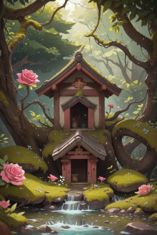 (tilt shift:1.2), tiny shrine, moss cover, withered vine cover, pink rose, river side , flower bloom, glitter, fairy dust
