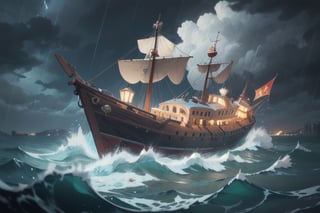 (tilt shift:1.2), medieval caravel, in the sea, nighttime, heavy storm, rain, heavy rain, sank