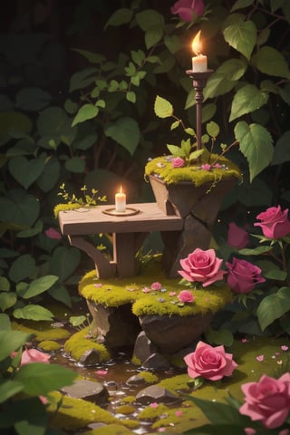 (tilt shift:1.2), tiny fancy altar, moss cover, rose vine cover, pink rose, riverside, flower bloom, glitter, fairy dust, soft lighting
