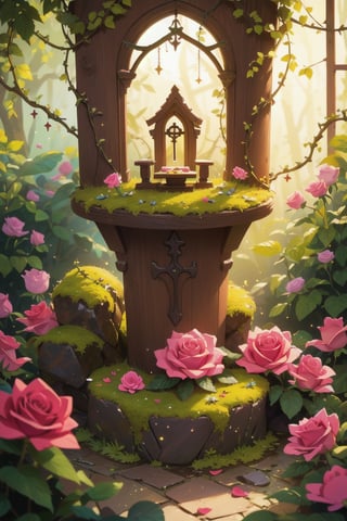 (tilt shift:1.2), tiny altar, moss cover, rose vine cover, pink rose, riverside, flower bloom, glitter, fairy dust, soft lighting
