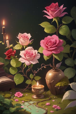 (tilt shift:1.2), tiny altar of incense, flower incense, moss cover, rose vine cover, pink rose, riverside, flower bloom, glitter, fairy dust, soft lighting
