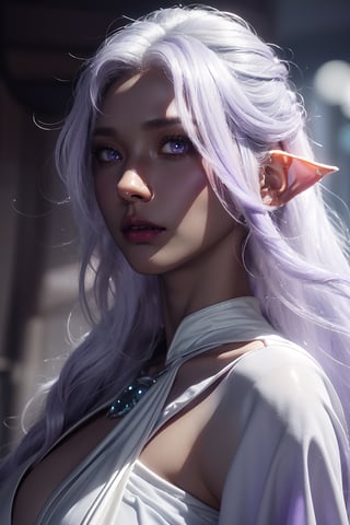 (Beauty photography:1.3), (purple - colored eyes:1.3), detailed skin texture, textured skin, visible skin detail, radiant skin, grey skin, juicy lips, Long Eyelashes, 1 photograph, detailed lips, portrait, 1 female, (white hair), purple eyes, high priestess outfit, priestess outfit, ((cave: background)), masterpiece, (dynamic pose)),Detailed face, detailed eyes, soft colors, (high-resolution:1.2),Fierce face, grey skin, dark skin, drow, elf ears, dark purple skin, black skin, tan, perfect eyes, Holy light