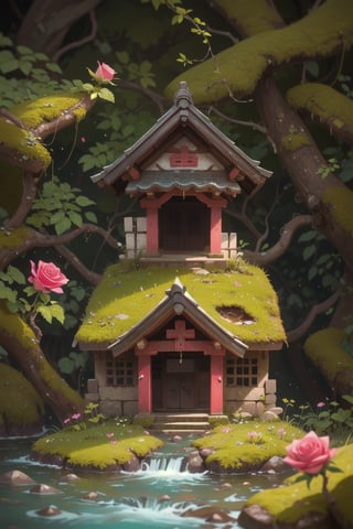 (tilt shift:1.2), tiny shrine, moss cover, withered vine cover, pink rose, near river, flower bloom
