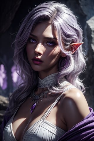 (Beauty photography:1.3), (purple - colored eyes:1.3), detailed skin texture, textured skin, visible skin detail, radiant skin, grey skin, juicy lips, Long Eyelashes, 1 photograph, detailed lips, portrait, 1 female, (white hair), purple eyes, high priestess outfit, priestess outfit, ((underground cave: background)), masterpiece, (dynamic pose)),Detailed face, detailed eyes, soft colors, (high-resolution:1.2),Fierce face, grey skin, dark skin, drow, elf ears, dark purple skin, black skin, tan, perfect eyes, night, midnight, night time, dim light, cave, underground, purple lighting, torchlight, purple crystal
