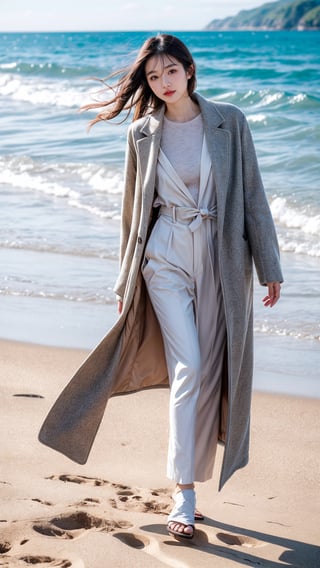 A beautiful Chinese girl looking forward is wearing a coat with white color. The girl is standing on the beach., which enhances her beauty, she looks stunningly beautiful, Full Body