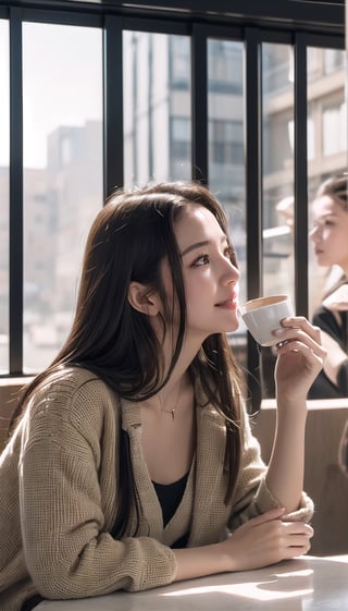 (((masterpiece))), top quality, (beautiful and delicate girl), beautiful and delicate light, (beautiful and delicate eyes), mysterious smile, (brown eyes), (dark black long hair), medium chest, female 1 , (front shot) , Korean, soft expression, tall, jacket, patterned t-shirt, jeans, sneakers, (cafe with a clear view of the outside through full glass), (man and woman sitting by the window drinking coffee), cozy lighting, The overall structure of the cafe is visible, and the lovers' figures can be seen in the distance.