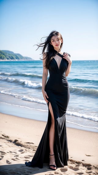 A beautiful Chinese girl looking forward is wearing a dress with black color. The girl is standing on the beach., which enhances her beauty, she looks stunningly beautiful