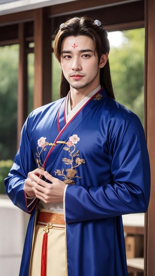 tienhiep, hanfu,
(Hands:1.1), better_hands, realhands
(male neck, male chest, male body)
1boy, solo, long hair, black hair, hair ornament, long sleeves, upper body, flower, see-through, blurry background, facial mark, chinese clothes, forehead mark, realistic, hanfu, tienhiep,mature,man,cute blond boy,Germany Male, 