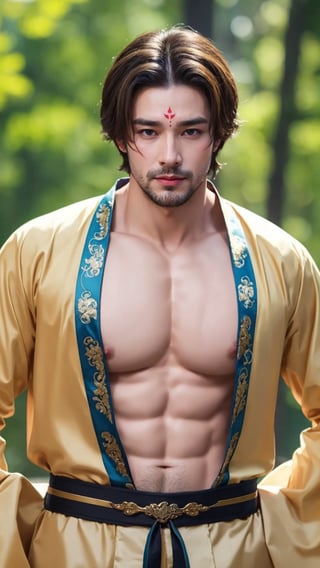 tienhiep, hanfu,
(male neck:1.3, male chest, female body:1.5, male head:1.5, male face:1.5, large_breasts:1.7, masculine face:1.5)
1boy, solo, long hair, black hair, hair ornament, long sleeves, upper body, flower, see-through, blurry background, facial mark, chinese clothes, forehead mark, realistic, hanfu, tienhiep,mature,man,cute blond boy,Germany Male, 