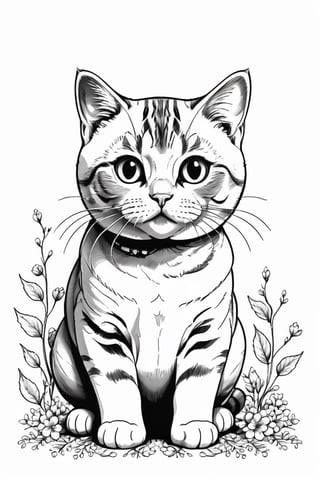themes coloring book,black and white, for kids, best quality, ultra detailed, photorealistic, high quality, high resolution, super detailed, drwbk coloring book drawing, BRITISH SHORTHAIR CAT PLAYING,