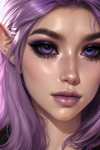 Close up portrait, female elf, lavender hair, purple eyes, black eyeliner, gorgeous, beautiful eyes, septum_piercing, photo shoot 