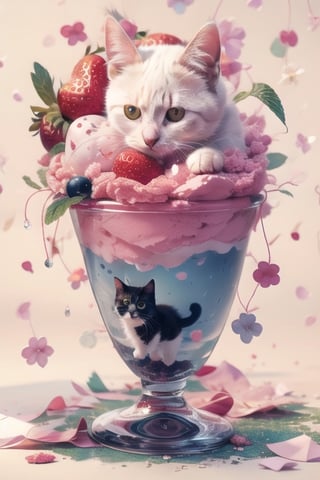 A cute cat sitting on strawberry ice cream