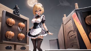 anime style portrait of a beautiful halloween glasses girl wearing (shiny-orange rubber skin tight bodysuit costume), (full body sign), (standing:1.5), (big breasts), (fusion of orange rubber bodysuit and gothic sweet maid costume:1.3), wearing a glasses:1.3, (rubber corset:1.3), (full lacy frill skirt:1.3), ((;D:1.3)), perfect face,perfect eyes,HD details,high details,sharp focus,studio photo,HD makeup,shimmery makeup,celebrity makeup,(( centered image)) (HD render)Studio portrait,magic, magical, fantasy, halloween, moon, jack-o' challenge, blonde hair, short bob hair, pixie hair, bangs, arms behid back, Mechanical part, hallowenn town, trick or treet,  magic aura background, cute, maid cosplay, 