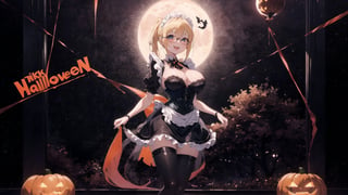 anime style portrait of a beautiful halloween glasses girl wearing (shiny-orange rubber skin tight bodysuit costume), (full body sign), (standing), (big breasts), (ponytail), (fusion of orange rubber bodysuit and gothic sweet maid costume:1.3), wearing a glasses:1.3, (rubber corset:1.3), (full lacy frill skirt:1.3), ((;D:1.3)), perfect face,perfect eyes,HD details,high details,sharp focus,studio photo,HD makeup,shimmery makeup,celebrity makeup,(( centered image)) (HD render)Studio portrait,magic, magical, fantasy, halloween, moon, jack-o' challenge, blonde hair, short bob hair, pixie hair, bangs, arms behid back, Mechanical part, hallowenn town, trick or treet,  magic aura background, cute, maid cosplay, 