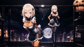anime style portrait of a beautiful halloween glasses girl wearing (shiny-orange rubber skin tight bodysuit costume), (full body sign), (standing), (big breasts),(fusion of orange rubber bodysuit and gothic sweet maid costume:1.3), wearing a glasses:1.3, (rubber corset:1.3), (full lacy frill skirt:1.3), ((;D:1.3)), perfect face,perfect eyes,HD details,high details,sharp focus,studio photo,HD makeup,shimmery makeup,celebrity makeup,(( centered image)) (HD render)Studio portrait,magic, magical, fantasy, halloween, moon, jack-o' challenge, blonde hair, short bob hair, pixie hair, bangs, arms behid back, Mechanical part, hallowenn town, trick or treet,  magic aura background, cute,  ,maid cosplay, 