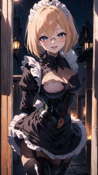 anime style portrait of a beautiful halloween glasses girl wearing (shiny-orange rubber skin tight bodysuit costume), (fusion of orange rubber bodysuit and gothic sweet maid costume:1.3), wearing a glasses:1.3, (rubber corset:1.3), (full lacy frill skirt:1.3), ((;D:1.3)), perfect face,perfect eyes,HD details,high details,sharp focus,studio photo,HD makeup,shimmery makeup,celebrity makeup,(( centered image)) (HD render)Studio portrait,magic, magical, fantasy, halloween, moon, jack-o' challenge, blonde hair, short bob hair, pixie hair, bangs, arms behid back, Mechanical part, hallowenn town, trick or treet,  magic aura background, cute,  ,maid cosplay