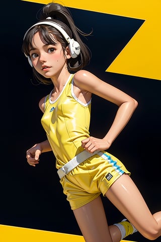 1 woman, alone, a woman athlete running with white sports bodice and yellow sport shorts 80s, wet sports, headphones, headphones, walkman, 80s look, sports shoes, sports park, Japanese streets, retro atmosphere,