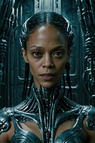 In a nightmarish biomechanical realm inspired by H.R. Giger, Zoe Saldana embodies a fearsome cyborg assassin. Sinister biomechanical structures envelop her as she gazes toward the viewer. Her face implants mirror the eerie, greenish light, imbuing an otherworldly aura. The detailed backdrop is a surreal cyberpunk weapon shop with an epic composition that conjures a feeling of dread, all in shades of red and blue.,Movie Still,FilmGirl