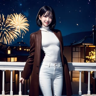 Fractal art that is mesmerizing and visually stunning. Official art, masterpiece. 4K high resolution rendering. One Japanese female, 17 years old, 5 feet tall. Straight, medium bob black hair, bangs, dark brown eyes, short eyelashes. Smiling face. Small breasts, nice legs. Building rooftop, iron fence, night, night view, starry sky, fireworks. Long warm wool coat, white turtleneck sweater, leather pants. Cowboy shot.,1 girl,Ava,ava,JeeSoo 