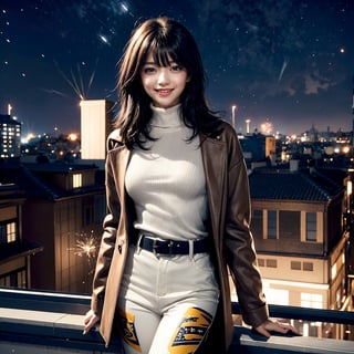 Fractal art that is mesmerizing and visually stunning. Official art, masterpiece. 4K high resolution rendering. One Japanese female, 17 years old, 5 feet tall. Straight, medium bob black hair, bangs, dark brown eyes, short eyelashes. Smiling face. Small breasts, nice legs. Building rooftop, iron fence, night, night view, starry sky, fireworks. Long warm wool coat, white turtleneck sweater, leather pants. Cowboy shot.,1 girl