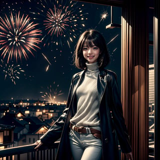 Fractal art that is mesmerizing and visually stunning. Official art, masterpiece. 4K high resolution rendering. One Japanese female, 17 years old, 5 feet tall. Straight, medium bob black hair, bangs, dark brown eyes, short eyelashes. Smiling face. Small breasts, nice legs. Building rooftop, iron fence, night, night view, starry sky, fireworks. Long warm wool coat, white turtleneck sweater, leather pants. Cowboy shot.,1 girl