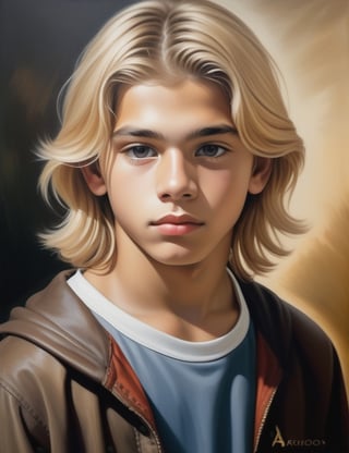 Create a captivating oil painting on canvas, portraying a 15-year-old boy from Venezuela with fair skin and straight, blonde hair, with a close-up of his face. Intricately capture details using the oil medium on canvas. Draw inspiration from the oil portraits of Arturo Michelena, the oil paintings of Armando Reverón, and the oil on canvas technique of Héctor Poleo. Craft a superior oil painting that seamlessly blends these influences into an outstanding portrayal.

