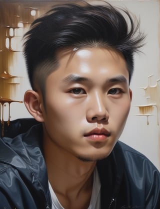 Create a captivating oil painting on canvas, portraying a 17-year-old Asian man with caramel skin, spiky and well-groomed hair, with a close-up of his face. Intricately capture details using the oil medium on canvas. Draw inspiration from the oil portraits of Leng Jun, the oil paintings of Liu Xiaodong, and the oil on canvas technique of Zeng Fanzhi. Craft a superior oil painting that seamlessly blends these influences into an outstanding portrayal.

