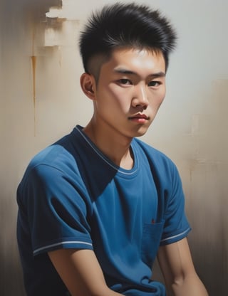 Create a captivating oil painting on canvas, portraying a 17-year-old Asian man with caramel skin, spiky and well-groomed hair, with a close-up of his face. Intricately capture details using the oil medium on canvas. Draw inspiration from the oil portraits of Leng Jun, the oil paintings of Liu Xiaodong, and the oil on canvas technique of Zeng Fanzhi. Craft a superior oil painting that seamlessly blends these influences into an outstanding portrayal.

