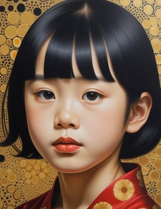 Create a captivating oil painting on canvas, portraying a 12-year-old Japanese boy with fair skin, straight and freely flowing hair, with a close-up of his face. Intricately capture details using the oil medium on canvas. Draw inspiration from the oil portraits of Yoshitomo Nara, the oil paintings of Tetsuya Ishida, and the oil on canvas technique of Yayoi Kusama. Craft a superior oil painting that seamlessly blends these influences into an outstanding portrayal.

