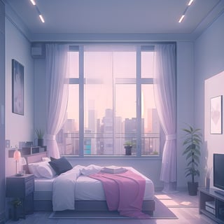 indoor, apartment modern bed room, window, pictures, lights, sky, balcony, bed, table, tv, (masterpiece),(high quality), best quality, real,(realistic), super detailed, (full detail),(4k),8k,