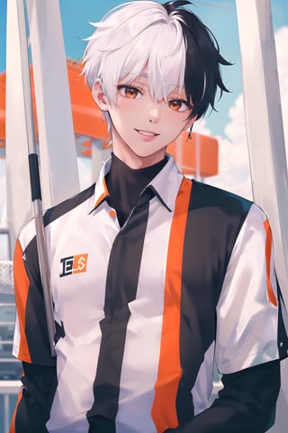 (((solo, looking at viewer))),(masterpiece, best quality), (((1boy, 30yo, handsome face, white color hair, white shot hair, stick out hair))),  (((black color gym suit, orange color stripes))), big smile, blue sky, park background,kpop,boy