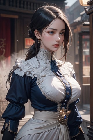 (Beautiful round face, smart and perceptive 20-Year-Old Korean Female businessman at 1920s), (Black Hair, Long hair tied back, 1990s victorian hairstyle), (Inquisitive Sapphire Gaze:1.4), (Dressed in Victorian long dress:1.4), (Foggy Seoul Streets at 1920s), (Dynamic Pose:1.4), Centered, (Waist-up Shot:1.4), From Front Shot, Insane Details, Intricate Face Detail, Intricate Hand Details, Cinematic Shot and Lighting, Realistic and Vibrant Colors, Masterpiece, Sharp Focus, Ultra Detailed, Incredibly Realistic Environment and Scene, 