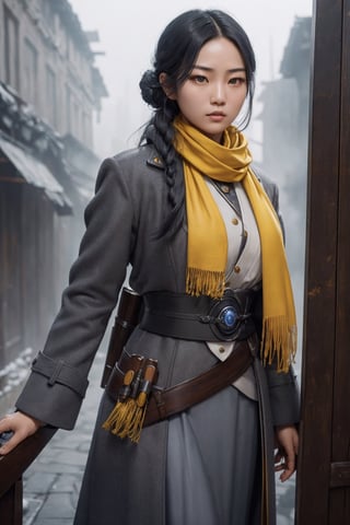 (An strong impression 20-Year-Old Korean Female independence activist at 1920s), (Black Hair, Long hair tied back, a few long strands flowing forward), (Inquisitive Sapphire Gaze:1.4), (Dressed in gray thick and long coat, Long yellow scarf, 1900s sniper rifle, long skirt.:1.4), (Foggy Seoul Streets at 1920s), (Dynamic Pose:1.4), Centered, (Waist-up Shot:1.4), From Front Shot, Insane Details, Intricate Face Detail, Intricate Hand Details, Cinematic Shot and Lighting, Realistic and Vibrant Colors, Masterpiece, Sharp Focus, Ultra Detailed, Incredibly Realistic Environment and Scene, 