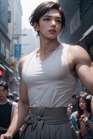 (strong man, An strong impression 30-Year-Old Korean male gang at 1920s), (skin head, shaved hair, muscle body, scar face), (Dressed in 1920s style korean clothes), (Foggy Seoul Streets at 1920s), (Dynamic Pose:1.4), Centered, (Waist-up Shot:1.4), From Front Shot, Insane Details, Intricate Face Detail, Intricate Hand Details, Cinematic Shot and Lighting, Realistic and Vibrant Colors, Masterpiece, Sharp Focus, Ultra Detailed, Incredibly Realistic Environment and Scene, 