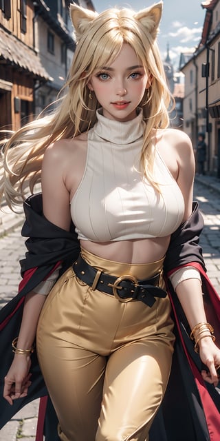 best quality, extremely detailed, HD, 8k, (((long platinum_blonde hair:1.3))), (longhairstyle:1.4), 1 girl, ah1,Ahri,black cat woman, big cat ears in head, ((yellow eyes)), ((dark skin)), ((1 mature woman)), (busty), large breasts, best quality, extremely detailed, HD, 8k, (happy face), (happy eyes), beautiful asian face, 30 years old, voluptuous body, luxery jewelry, gold ring bracelet, thin waist, gold waist belt, facial flushing, opera length gold necklace, (((fantasy setting, medieval village background, wearing medieval turtleneck sweater, medieval pants, blue long cloak))), beautiful eyes, perfect body, happy, big smile, realistic, parted lips, blush, makeup, glow, thighs, bare shoulders, collarbone, narrow waist, sunbeam, sunlight, rose, wind, (masterpiece), 
