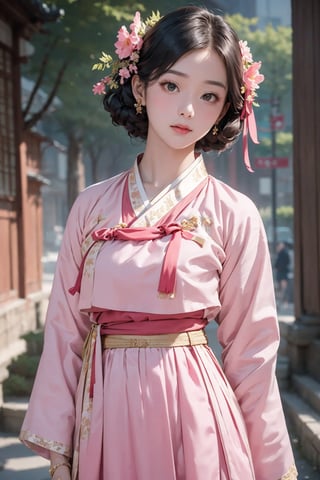 (An Elegant 18-Year-Old Korean Female at 1920s), (Black Hair, hair style of Korean Female at 1920s), (Short height, Cute face, A dignified and dignified expression:1.4), (Dressed in Pink color Hanbok:1.4), (Foggy Seoul Streets at 1920s), (Dynamic Pose:1.4), Centered, (Waist-up Shot:1.4), From Front Shot, Insane Details, Intricate Face Detail, Intricate Hand Details, Cinematic Shot and Lighting, Realistic and Vibrant Colors, Masterpiece, Sharp Focus, Ultra Detailed, Incredibly Realistic Environment and Scene,