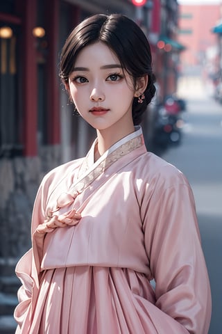 (An Elegant 18-Year-Old Korean Female at 1920s), (Black Hair, hair style of Korean Female at 1920s), (Short height, Cute face, A dignified and dignified expression:1.4), (Dressed in Pink color Hanbok:1.4), (Foggy Seoul Streets at 1920s), (Dynamic Pose:1.4), Centered, (Waist-up Shot:1.4), From Front Shot, Insane Details, Intricate Face Detail, Intricate Hand Details, Cinematic Shot and Lighting, Realistic and Vibrant Colors, Masterpiece, Sharp Focus, Ultra Detailed, Incredibly Realistic Environment and Scene,