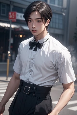 ((((1 young man, An strong impression 18-Year-Old Korean male student at 1920s)))), (Black Hair, man short haircut), (Dressed in man's black school uniform), (Foggy Seoul Streets at 1920s), (Dynamic Pose:1.4), Centered, (Waist-up Shot:1.4), From Front Shot, Insane Details, Intricate Face Detail, Intricate Hand Details, Cinematic Shot and Lighting, Realistic and Vibrant Colors, Masterpiece, Sharp Focus, Ultra Detailed, Incredibly Realistic Environment and Scene