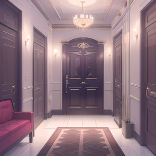 indoor, apartment hallway, room doors, sofa, pictures, lights, (masterpiece),(high quality), best quality, real,(realistic), super detailed, (full detail),(4k),8k,