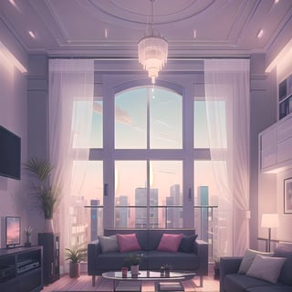 indoor, apartment luxury room, window, sofa, pictures, lights, sky, balcony, bed, table, tv, (masterpiece),(high quality), best quality, real,(realistic), super detailed, (full detail),(4k),8k,