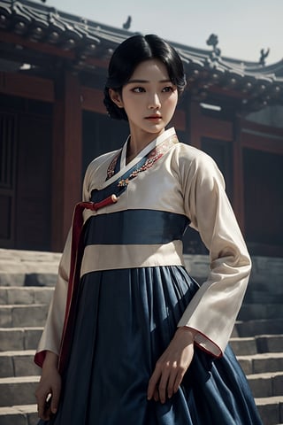 (An Elegant 28-Year-Old Korean Female at 1920s), (Black Hair, hair style of Korean Female at 1920s), (Inquisitive Sapphire Gaze:1.4), (Dressed in Hanbok:1.4), (Foggy Seoul Streets at 1920s), (Dynamic Pose:1.4), Centered, (Waist-up Shot:1.4), From Front Shot, Insane Details, Intricate Face Detail, Intricate Hand Details, Cinematic Shot and Lighting, Realistic and Vibrant Colors, Masterpiece, Sharp Focus, Ultra Detailed, Incredibly Realistic Environment and Scene, Master Composition, castlevania style