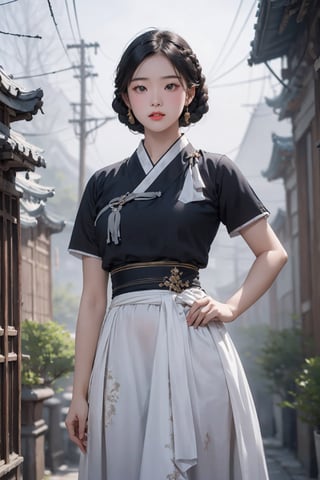 ((((1 young girl, An strong impression 18-Year-Old Korean female student at 1920s)))), (Black Hair, braided hair back), (Dressed in white and black color Korean hanbok), (Foggy Seoul Streets at 1920s), (Dynamic Pose:1.4), Centered, (Waist-up Shot:1.4), From Front Shot, Insane Details, Intricate Face Detail, Intricate Hand Details, Cinematic Shot and Lighting, Realistic and Vibrant Colors, Masterpiece, Sharp Focus, Ultra Detailed, Incredibly Realistic Environment and Scene, 