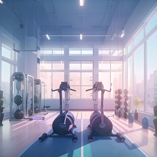 fitness center, training room, window, running machine, indoor bike, indoor, mirrors, yoga mate, (masterpiece),(high quality), best quality, real,(realistic), super detailed, (full detail),(4k),8k,