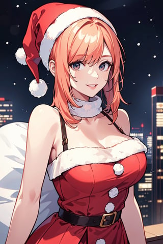 (best quality, masterpiece, super fine illustration, perfect anatomy:1.2), (ultra detailed background:1.4), (highly detailed background:1.4). BREAK. season is winter, 1woman, solo, 20 years old, (beautiful face). BREAK. (peach-colored medium hair:1.2), large breasts, naughty smile. BREAK. (Dress of the Santa Claus motif:1.2). BREAK. (dynamic pause:), (cityscape of Christmas).     
