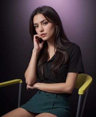 1 girl called Mia, very beautiful, long brown hair, black eyes, sexy, breasts,  half body, Create a hyper realistic woman,  backstage with purple-blue lights background,messy long brown hair. ,green eyes,pale skin,wearing black shirt and black skirt,photorealistic, sitting in chair,flash, beautiful thick woman, film grain, Fujifilm XT3