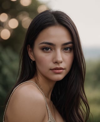 1 girl called Mia, very beautiful, long brown hair, black eyes, wearing tight thin woven top, sexy, confident sitting up, portrait, 50mm, film grain, bokeh, closeup photorealistic. chest up portrait, nearby telescope, background, beautiful thick woman, film grain, Fujifilm XT3